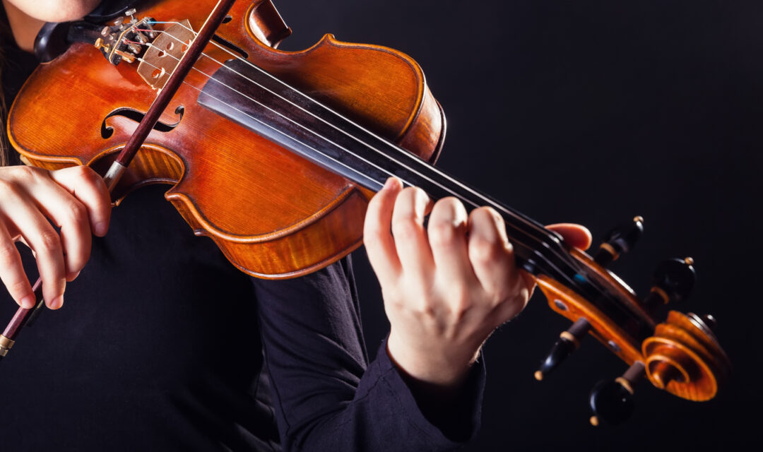 Playing the viola Musical instrument with performer hands on dark background